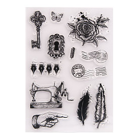 Clear Silicone Stamps, for DIY Scrapbooking, Photo Album Decorative, Cards Making, Stamp Sheets, Key & Flower & Feather & Sewing Machine Patterns