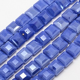 Pearl Luster Plated Glass Bead Strands, Faceted Square, 13x13x7mm, Hole: 1mm, about 22pcs/strand, 11 inch