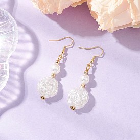 Серьги-подвески в виде цветка из тибетского сплава из АБС-пластика с имитацией жемчуга, с латунным