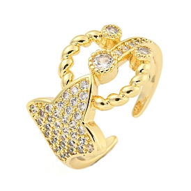 Flower Clear Cubic Zirconia Open Cuff Ring, Brass Finger Rings for Women