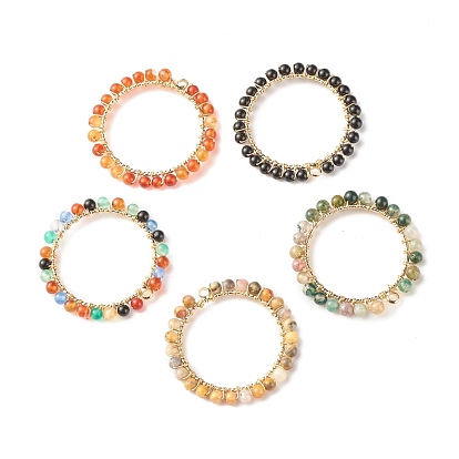 Dyed Natural Gemstone Pendants, with Brass & Copper Findings, Round, Golden, Mixed Color