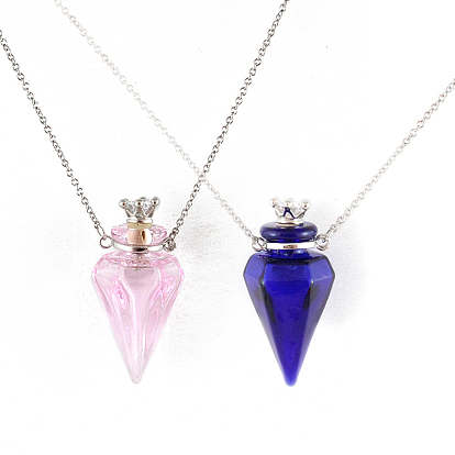 Glass Crown Perfume Bottle Necklaces, Stainless Steel Jewelry for Women