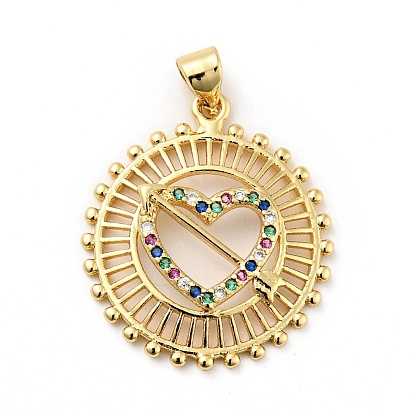 Rack Plating Brass Micro Pave Colorful Cubic Zirconia Pendants, Long-Lasting Plated, Lead Free & Cadmium Free, Flat Round with Heart and Arrow