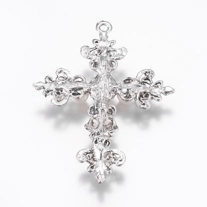 Latin Cross Antique Silver Plated Alloy Big Gothic Pendants, with Acrylic Pearl Cabochons, 75x53x11mm, Hole: 3mm