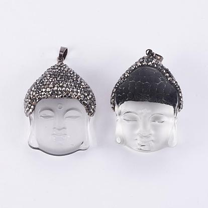 Glass Pendants, with Polymer Clay Rhinestone & Brass Findings, Buddha