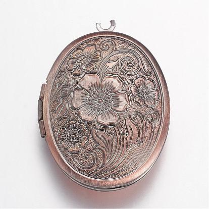 Brass Locket Pendants, Oval with Flower