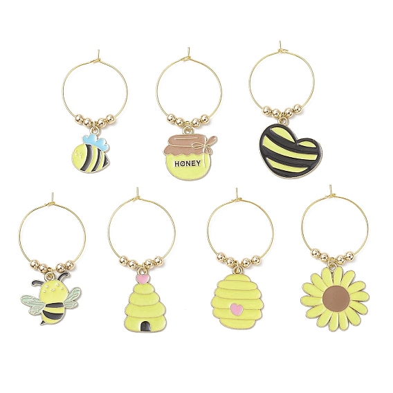 7 шт. подвески для бокалов для вина из эмалевого сплава в виде пчел, с 304 соединительными кольцами из нержавеющей стали и латунными проставками