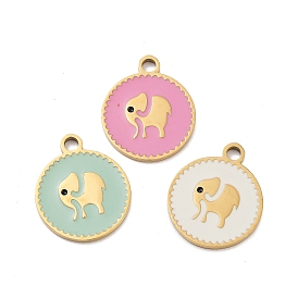 Ion Plating(IP) 316 Stainless Steel Enamel Pendants, Flat Round with Elephant Pattern Charm, Real 18K Gold Plated