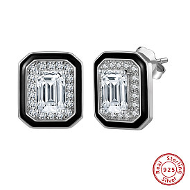 925 Sterling Silver Cubic Zirconia Stud Earrings, with Enamel, Rectangle