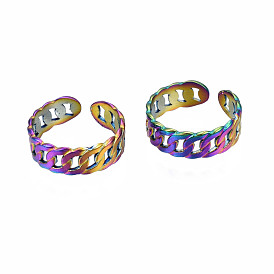 Curb Shape Cuff Rings, Hollow Open Rings, Rainbow Color 304 Stainless Steel Rings for Women