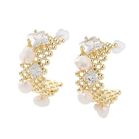 Natural Pearl Arch Stud Earrings, Brass Half Hoop Earrings with 925 Sterling Silver Pins