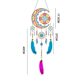 DIY Moon Diamond Painting Web with Feather Wind Chime Kits, Including Resin Rhinestones, Diamond Sticky Pen, Tray Plate and Glue Clay