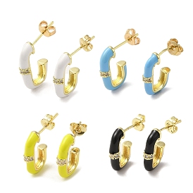 Real 18K Gold Plated Brass Oval Stud Earrings, Half Hoop Earrings with Enamel and Cubic Zirconia