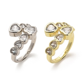 Heart Rack Plating Brass Open Cuff Rings, with Cubic Zirconia, Cadmium Free & Lead Free