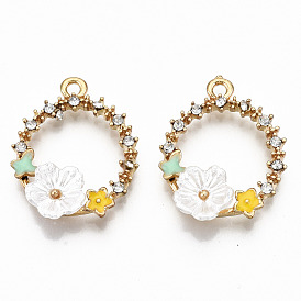 Alloy Enamel Pendants, with Crystal Rhinestone and Resin, Cadmium Free & Lead Free, Ring with Flower & Butterfly, Light Gold