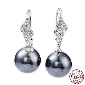 Feuille de zircone cubique avec boucles d'oreilles pendantes en perles de coquillage, 925 bijoux en argent sterling pour femmes