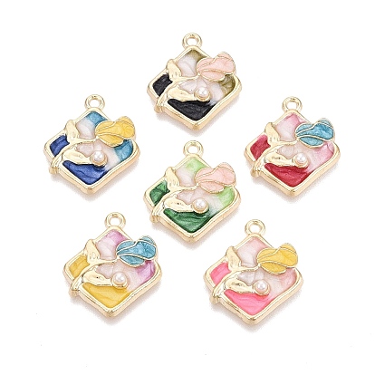 Подвески из эмали и сплава, Подвески в виде ромба и розы, с ABS имитации жемчуга, золотой свет