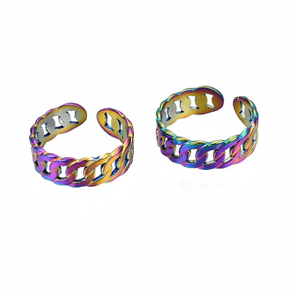 Curb Shape Cuff Rings, Hollow Open Rings, Rainbow Color 304 Stainless Steel Rings for Women