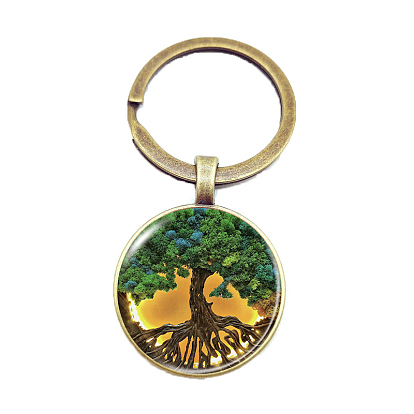 Glass Keychains, Flat Round with Tree of Life Charms