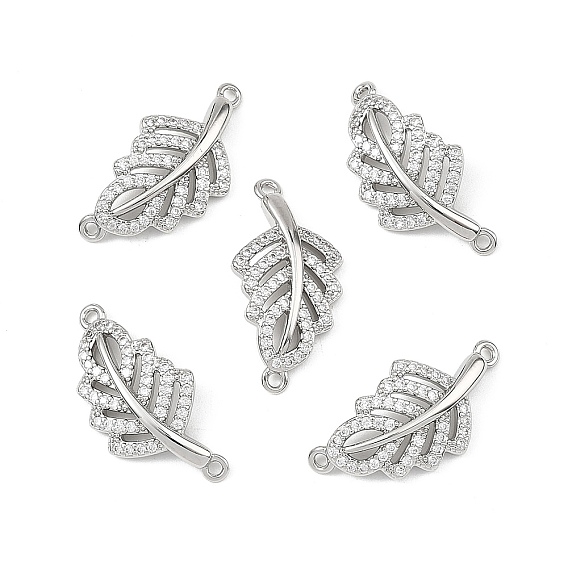 SHEGRACE Brass Micro Pave Clear Cubic Zirconia Connector Charms, Leaf Links, Cadmium Free & Lead Free & Nickel Free
