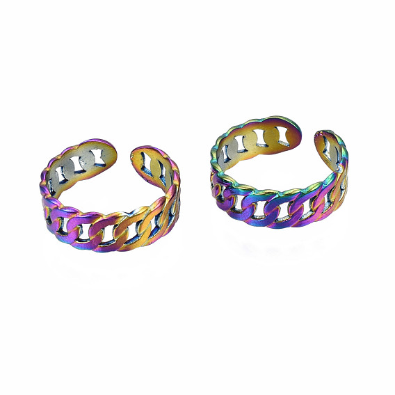 Manschettenringe in Bordsteinform, hohle offene Ringe, Regenbogenfarbe 304 Edelstahlringe für Damen