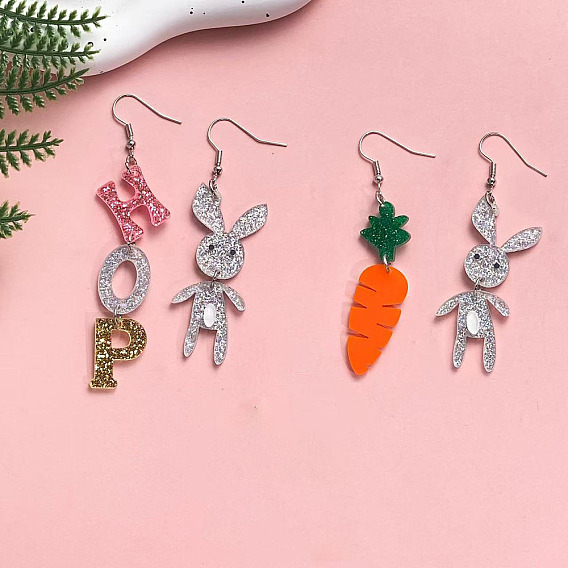 Пасхальные акриловые серьги-подвески, кролик и морковь, платина, слева и справа