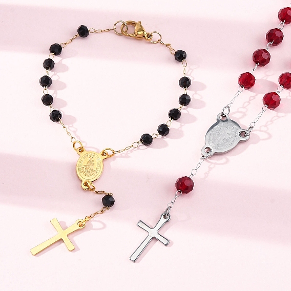 304 из нержавеющей стали ссылку цепи браслеты, ионное покрытие (ip), с 201 крестообразными деталями из нержавеющей стали и стеклянными бусинами