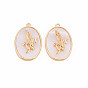 Brass Birth Floral Pendants, Oval with Flower Mother of Pearl White Shell Charms, Nickel Free, Real 18K Gold Plated