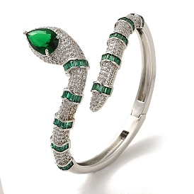 Brass Pave Green & Clear Cubic Zirconia Snake Open Cuff Bangle for Women