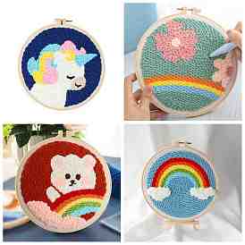 DIY Rainbow Theme Unicorn/Flower/Bear Pattern Punch Embroidery Kits, Including Printed Cotton Fabric, Embroidery Thread & Needles, Imitation Bamboo Embroidery Hoops