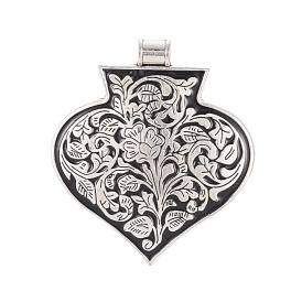 Alloy Enamel Big Pendants, Heart with Flower, Antique Silver