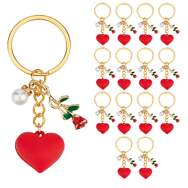 15брелки в виде сердца из пластика, жемчужных бусин из АБС-пластика и эмалевых роз из сплава, с железными кольцами