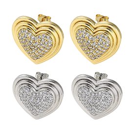 Heart Rack Plating Brass Micro Pave Clear Cubic Zirconia Stud Earrings for Women, Long-Lasting Plated, Lead Free & Cadmium Free