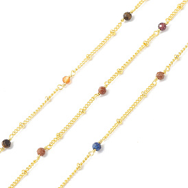 Brass Link Chains, with Gemstone Beads, Unwelded, with Spool