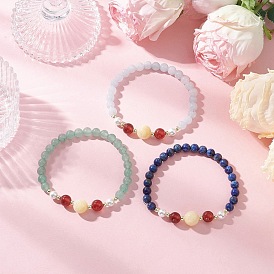 3Pcs Shell Pearl Bead & Natural Carnelian & Dyed White Jade & Dyed Lapis Lazuli & Green Aventurine & Yellow Jade Beaded Stretch Bracelets for Women