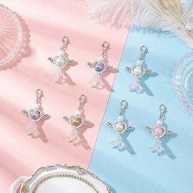 7 шт. 7 цветные акриловые искусственные жемчужины цветок сердце ангел с крыльями из сплава подвесные украшения, Сплав с застежками когтя омара, старинное серебро и платина