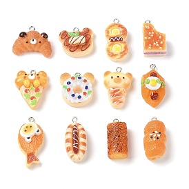 Pizza/Bear/Oval/Donut/Food/Fish Resin Imitation Food Pendants, Cartoon Bear Bread Charms with Platinum Plated Iron Loops