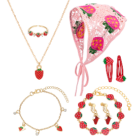Collares y pulseras de aleación, pendientes de clip, anillos de latón para los dedos, pinzas para el cabello y pañuelos para la cabeza.