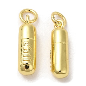 Rack Plating Brass Pendants, with Jump Ring, Lead Free & Cadmium Free, Long-Lasting Plated, Column with Word Chill Charms