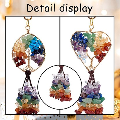 1 Sets Natural & Synthetic Gemstone Chip Big Pendants, with Copper Wire Wrapped and Coconut Brown Braided Nylon Thread, Mixed Dyed and Undyed, Flat Round & Heart with Tree