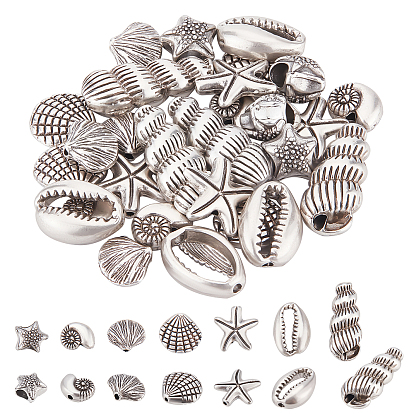 28Pcs 7 Style Tibetan Style Alloy Beads, Ocean Theme, Mix-shaped