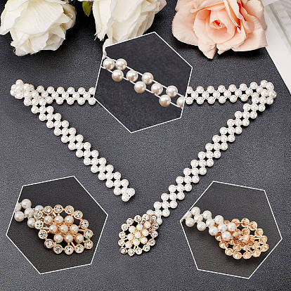 CRASPIRE 4Pcs 4 Style Plastic Pearl Braided Stretch Chain Belt with Iron Rhombus & Rectangle & Butterfly & Flat Round Clasp, Wire Wrap Jewelry for Wedding Party