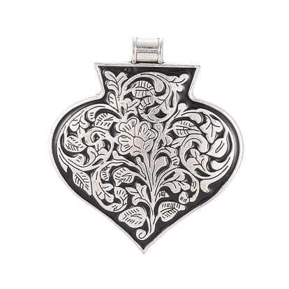 Alloy Enamel Big Pendants, Heart with Flower, Antique Silver