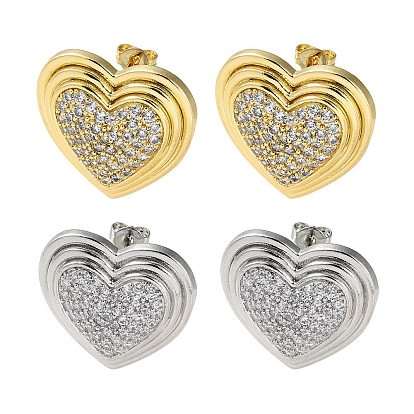 Heart Rack Plating Brass Micro Pave Clear Cubic Zirconia Stud Earrings for Women, Long-Lasting Plated, Lead Free & Cadmium Free