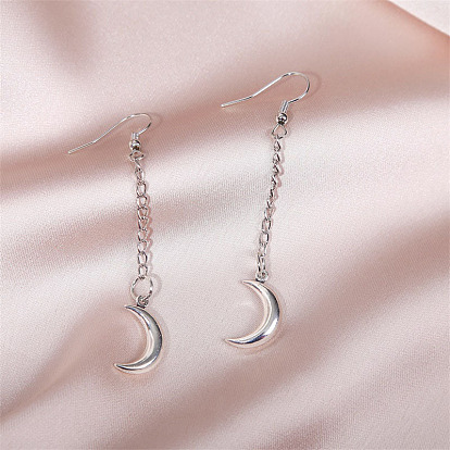 Minimalist Long Silver Chain Moon Earrings - Creative, Personalized, Trendy Ear Pendants.