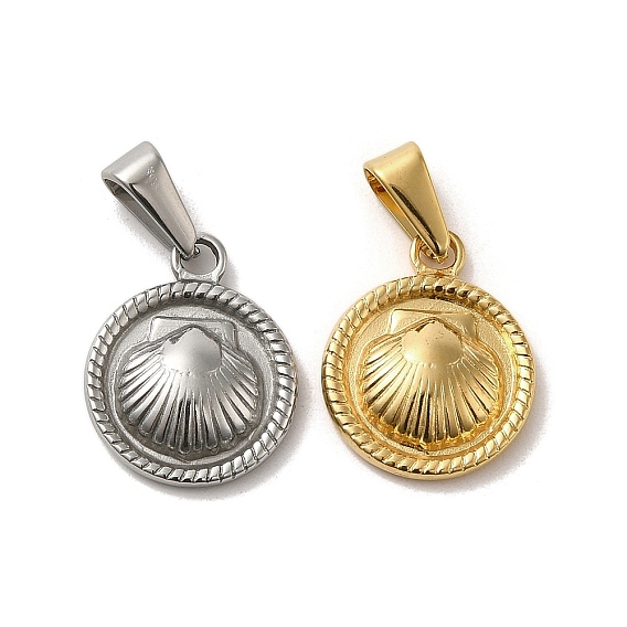 Vacuum Plating 304 Stainless Steel Pendants, Flat Round with Shell Charm
