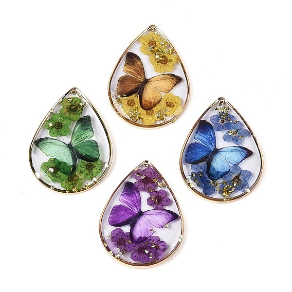 Подвески из прозрачной эпоксидной смолы, Подвеска в форме капли с засушенным цветком и бабочкой., с золотой фольгой и латунью