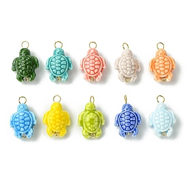 Handmade Procelain Pendants, with Golden Tone Iron Loop, Turtles