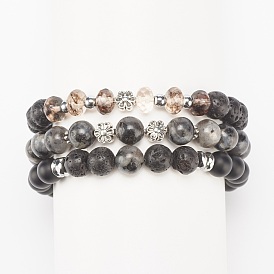 3 pcs 3 bracelets extensibles en perles de pierres précieuses mélangées naturelles et synthétiques de style avec une fleur en alliage pour les femmes