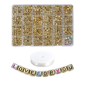 Kits de fabrication de bijoux diy, y compris 1150 pcs cube métallisé acrylique lettre a ~ z perles, 50 cube de pièces avec perles acryliques plaquées lettre et fil de cristal élastique